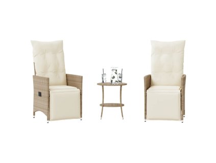 3dílný bistro set s poduškami béžový polyratan 365676