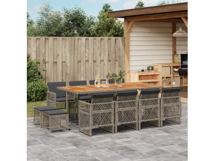 13dílný zahradní jídelní set s poduškami šedý polyratan 3210806