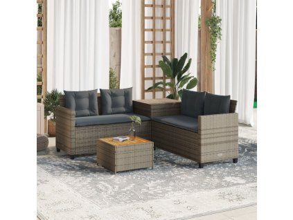 Zahradní pohovka ve tvaru L stolek a podušky šedá polyratan 369037