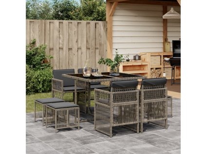 9dílný zahradní jídelní set s poduškami šedý polyratan 3210956