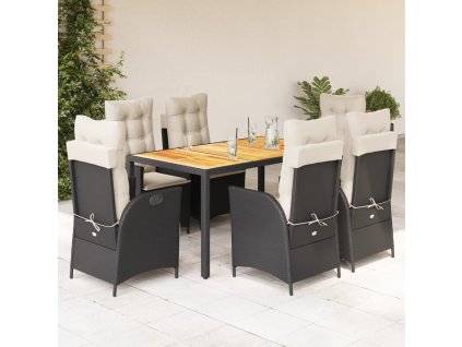 7dílný zahradní jídelní set s poduškami černý polyratan 3213090