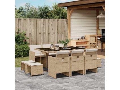 11dílný zahradní jídelní set s poduškami béžový polyratan 3210610