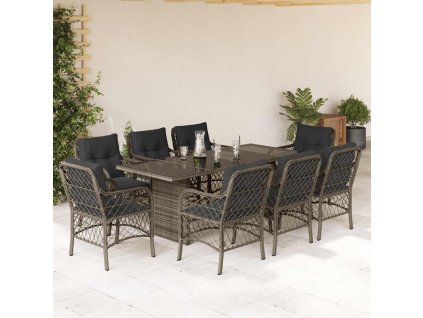 9dílný zahradní jídelní set s poduškami šedý polyratan 3212061