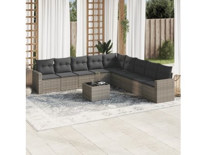 10dílná zahradní sedací souprava s poduškami šedá polyratan 3219090