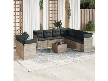 10dílná zahradní sedací souprava podušky světle šedá polyratan 3249691