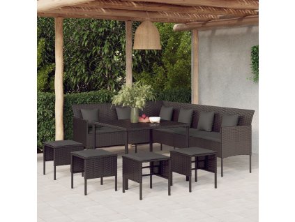 6dílný zahradní jídelní set s poduškami černý polyratan 3186650