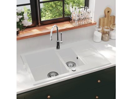 Žulový kuchyňský dřez dvojitý bílý 144859