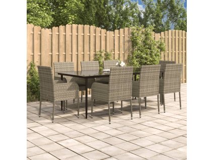 9dílný zahradní jídelní set s poduškami černý a šedý polyratan 3185153