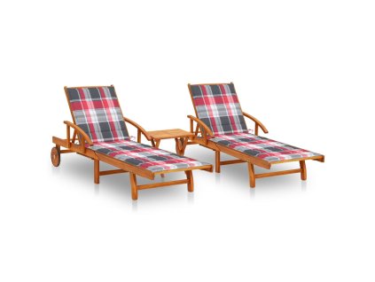 Zahradní lehátka 2 ks se stolkem a poduškami masivní akácie 3077358