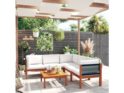 6dílná zahradní sedací souprava s polštáři krémové dřevo akácie a provaz 3057888