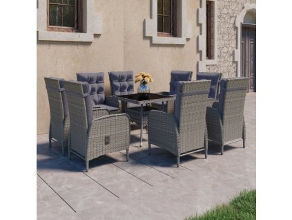 9dílný zahradní jídelní set polyratan a sklo šedý 3058530