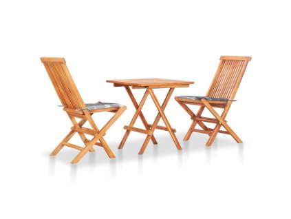 3dílný bistro set s šedými károvanými poduškami masivní teak 3063239