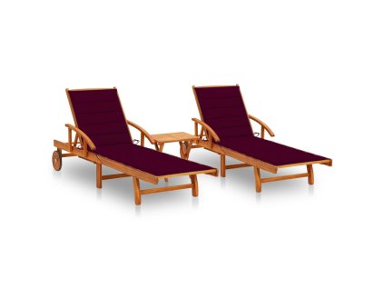 Zahradní lehátka 2 ks se stolkem a poduškami masivní akácie 3077354