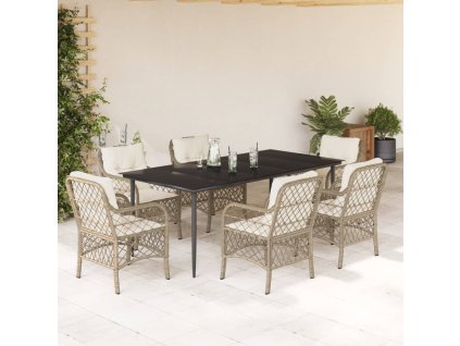 7dílný zahradní jídelní set s poduškami béžový polyratan 3212143
