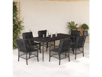 7dílný zahradní jídelní set s poduškami černý polyratan 3212101