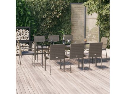 9dílný zahradní jídelní set s poduškami černý a šedý polyratan 3185130