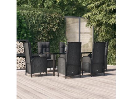 7dílný zahradní jídelní set s poduškami černý polyratan 3185192