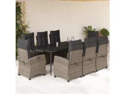 9dílný zahradní jídelní set s poduškami šedý polyratan 3212790