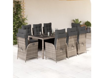 9dílný zahradní jídelní set s poduškami šedý polyratan 3213084