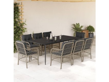 9dílný zahradní jídelní set s poduškami světle šedý polyratan 3212172