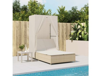 Dvojité lehátko se střechou a závěsy béžové polyratan 368103