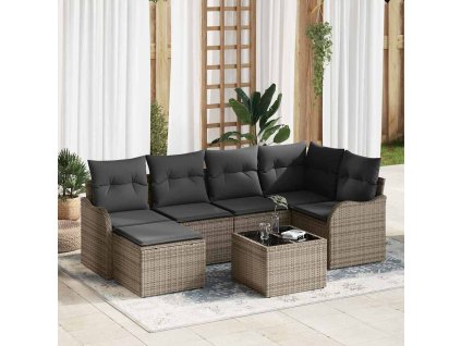 Sada zahradních pohovek s polštářem 7 pcs Šedá Poly ratan 3345779