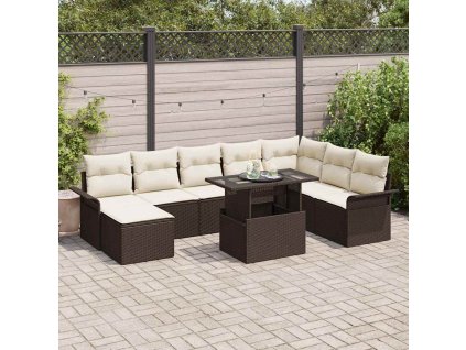 Sada zahradních pohovek s polštářem 9 pcs Hnědá Poly ratan 3348334