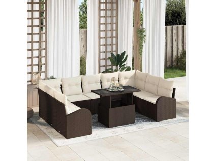 Set pohovek s polštářem 10 pcs Hnědá a krémová polyratan 3348704