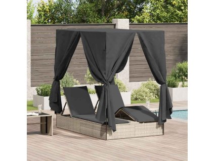 Dvojité sluneční lehátko s střechou se záclonami Světle šedá 3376132