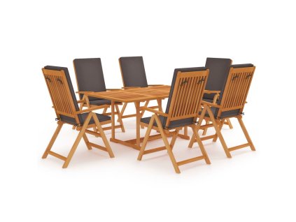7dílný zahradní jídelní set s šedými poduškami masivní teak 3059542