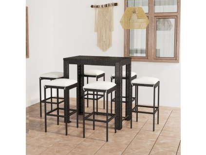 7dílný zahradní barový set s poduškami polyratan černý 3064784