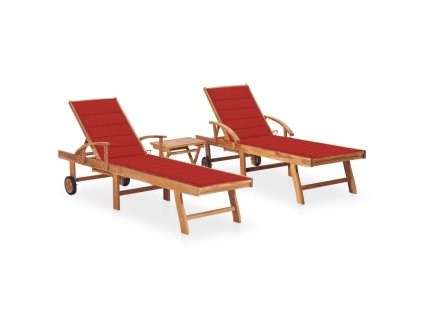 Zahradní lehátka 2 ks se stolkem a poduškou masivní teak 3073177