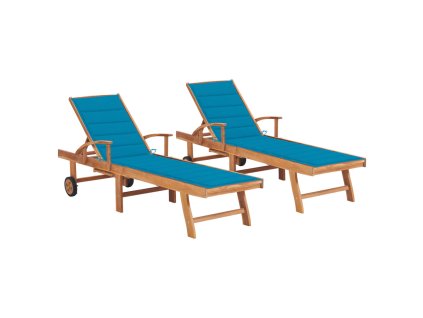 Zahradní lehátka 2 ks s modrou poduškou masivní teak 3073190