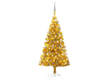 Umělý vánoční stromek s LED a sadou koulí zlatý 150 cm PET 3077690