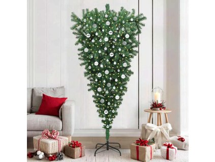 Hnědý umělý vánoční stromek s koulemi, který visí dolů 210 cm 3396878