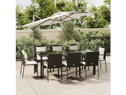 9dílný zahradní jídelní set s poduškami černý polyratan 3185112