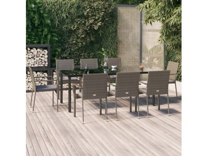 9dílný zahradní jídelní set s poduškami černý a šedý polyratan 3185142