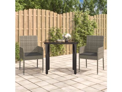 3dílný zahradní jídelní set s poduškami černý a šedý polyratan 3185161