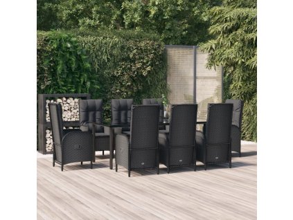 9dílný zahradní jídelní set s poduškami černý polyratan 3185194