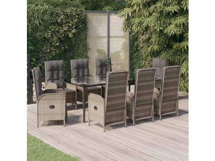 9dílný zahradní jídelní set s poduškami černý a šedý polyratan 3185206