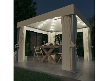 Altán se závěsy a světelnými LED řetězy 3 x 3 m krémově bílý 3070345