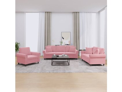 3dílná sedací souprava s polštáři růžová samet 3202193