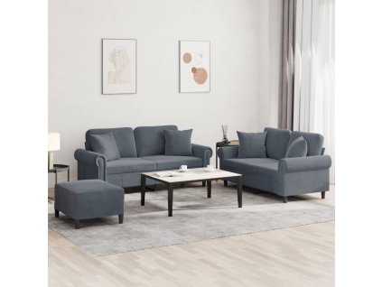 3dílná sedací souprava s polštáři tmavě šedá samet 3202241
