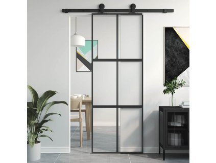 Posuvné dveře černé 76 x 205 cm tvrzené sklo a hliník 155210