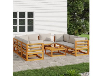 9dílná zahradní sedací souprava světle šedé podušky masiv 3155287