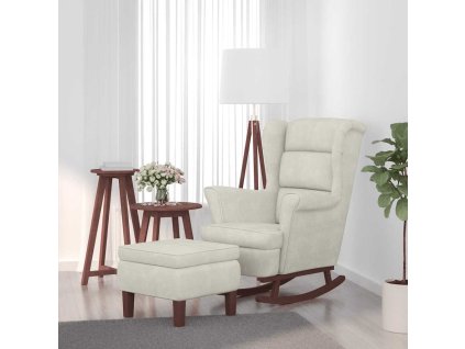 Houpací křeslo s opěradlem, krémový samet a masivní dřevo 3121239