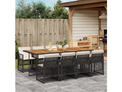 9dílný zahradní jídelní set s poduškami černý polyratan 3210747