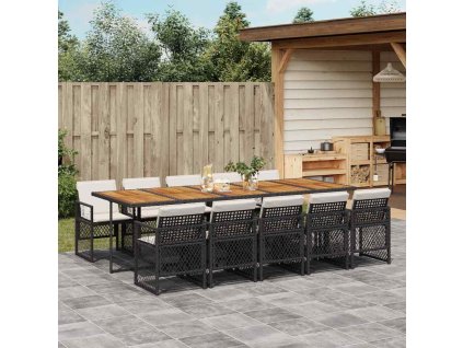 11dílný zahradní jídelní set s poduškami černý polyratan 3210759