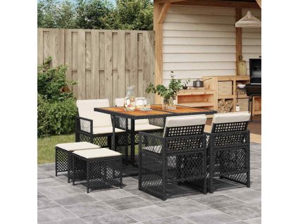9dílný zahradní jídelní set s poduškami černý polyratan 3210783