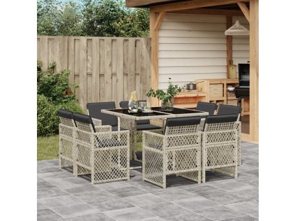 9dílný zahradní jídelní set s poduškami světle šedý polyratan 3210839